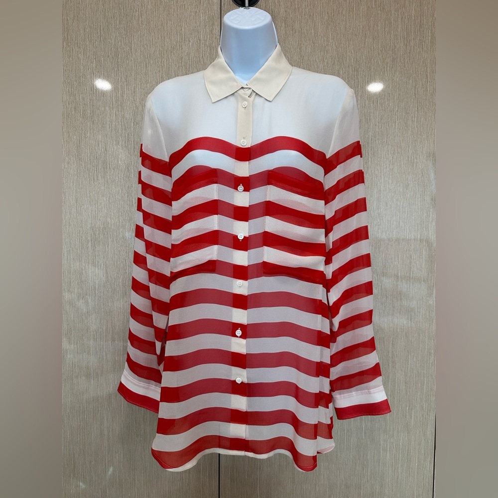 CLUB MONACO Red & White Striped 100% Silk Blouse Classic Button Down